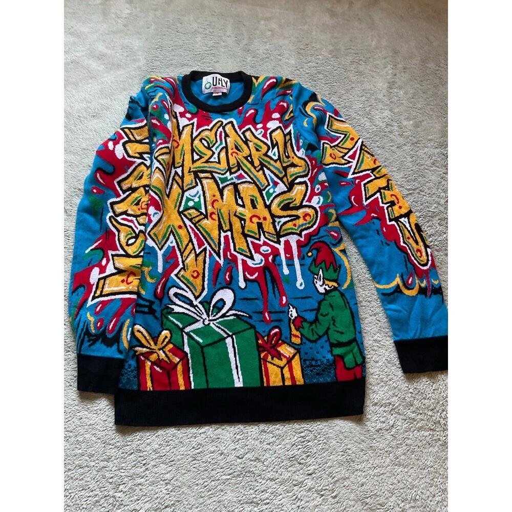 Ugly Christmas Sweater Unisex Graffiti Street Art Merry Xmas Jumper Blue Neon M